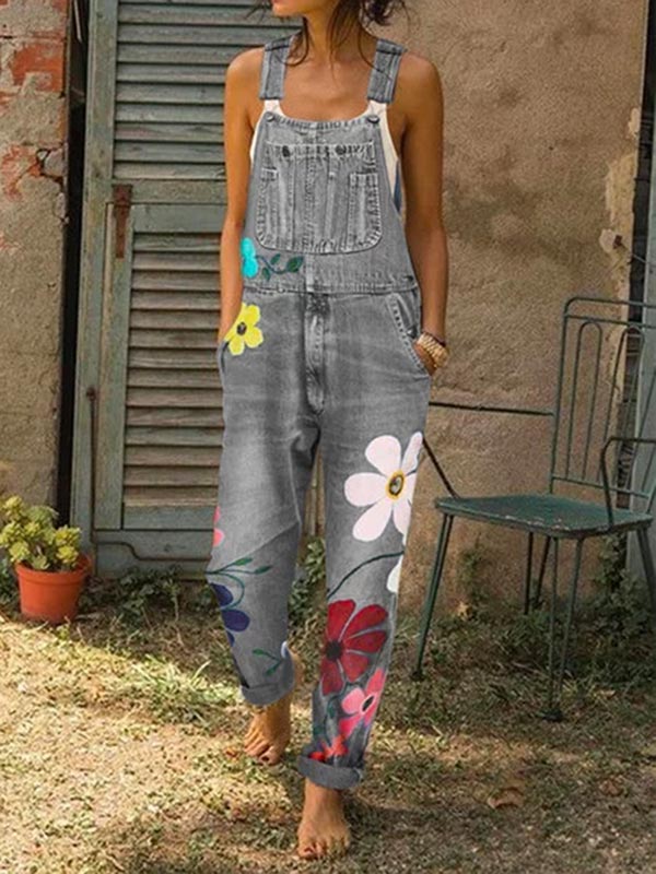 Damen Denim Blumendruck Jumpsuit
