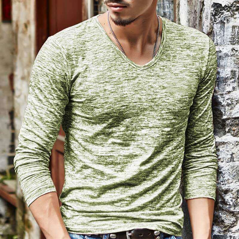 Vyriški marškiniai marškinėliais iš paprastų v formos kaklo ilgomis rankovėmis