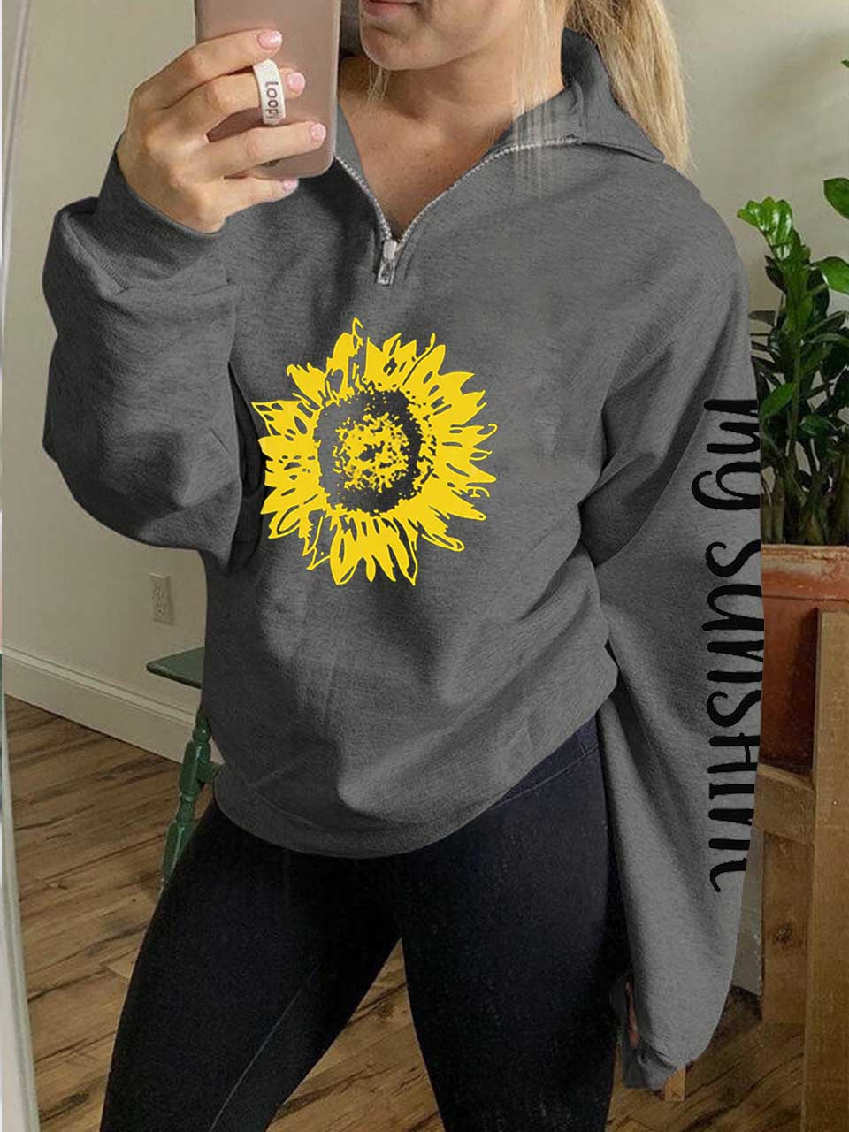 Mein Sunshine Sunflower Print Zip Sweatshirt