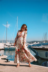 Bohemian Deep V Print Schlankes Langarmkleid