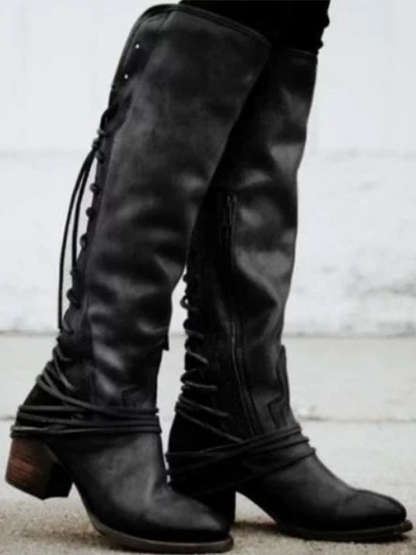 Damen Retro Rücken Schnürstiefel mit mittlerem Absatz über dem Knie