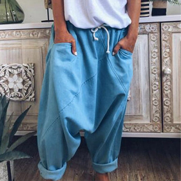 Color natural, pantalones harem de algodón lavados al azar para hombres