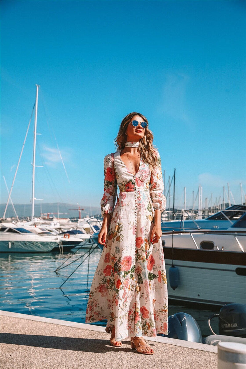 Bohemian Deep V Print Schlankes Langarmkleid