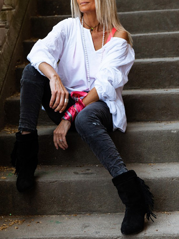 Camisa de manga larga de color puro con escote en V y camisa holgada