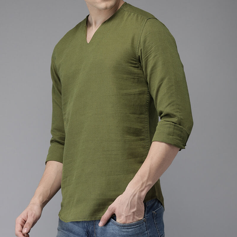 Camisa de lino de algodón de manga corta con cuello en V informal refrescante y fresca para hombres