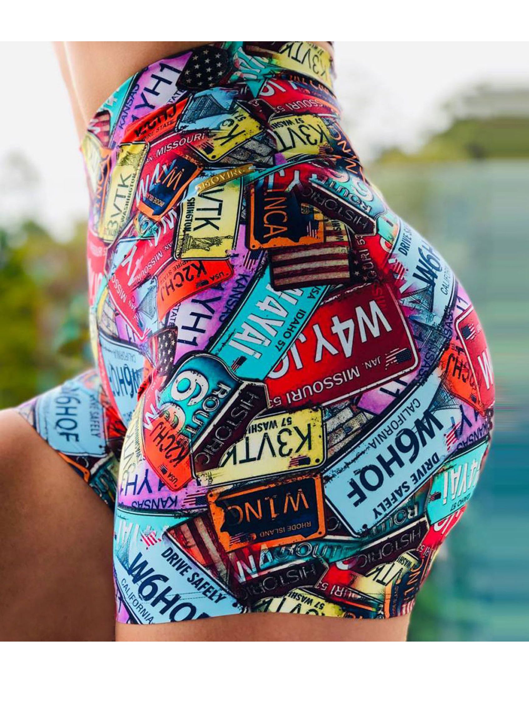 Coloridas nalgas de yoga con estampado abstracto, pantalones cortos elásticos elásticos