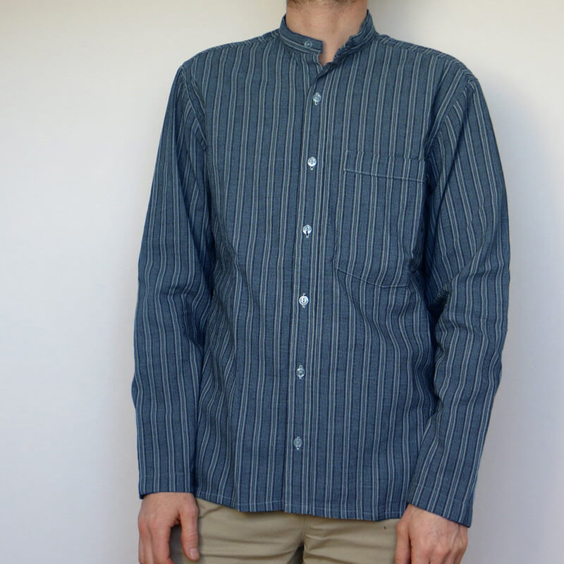 Herren Vintage Slow Fashion Gestreifter Stehkragen Bequemes Langarm-Baumwoll-Leinenhemd