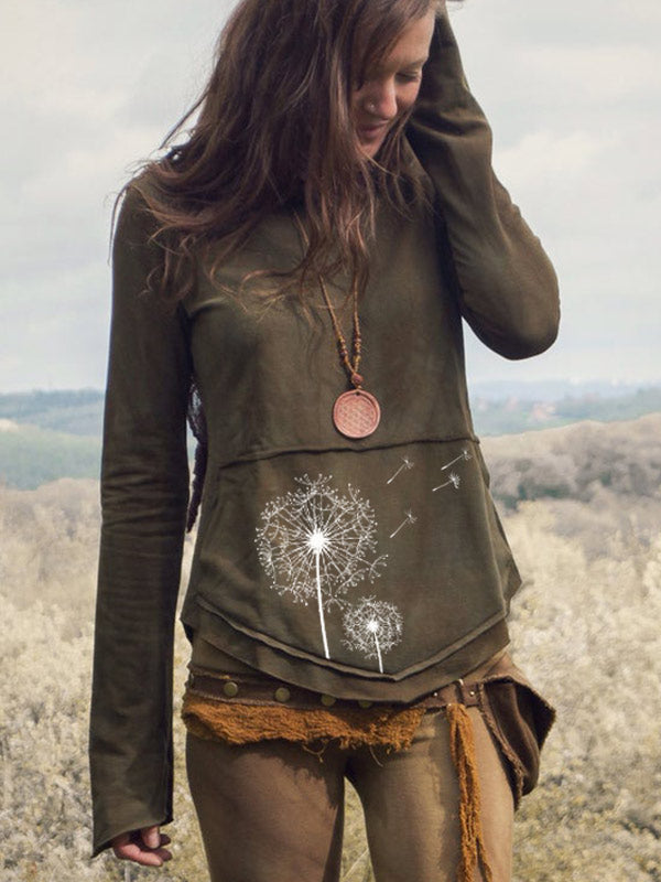 Damen Vintage gefärbte Löwenzahn Print Tasche Langarm T-Shirt