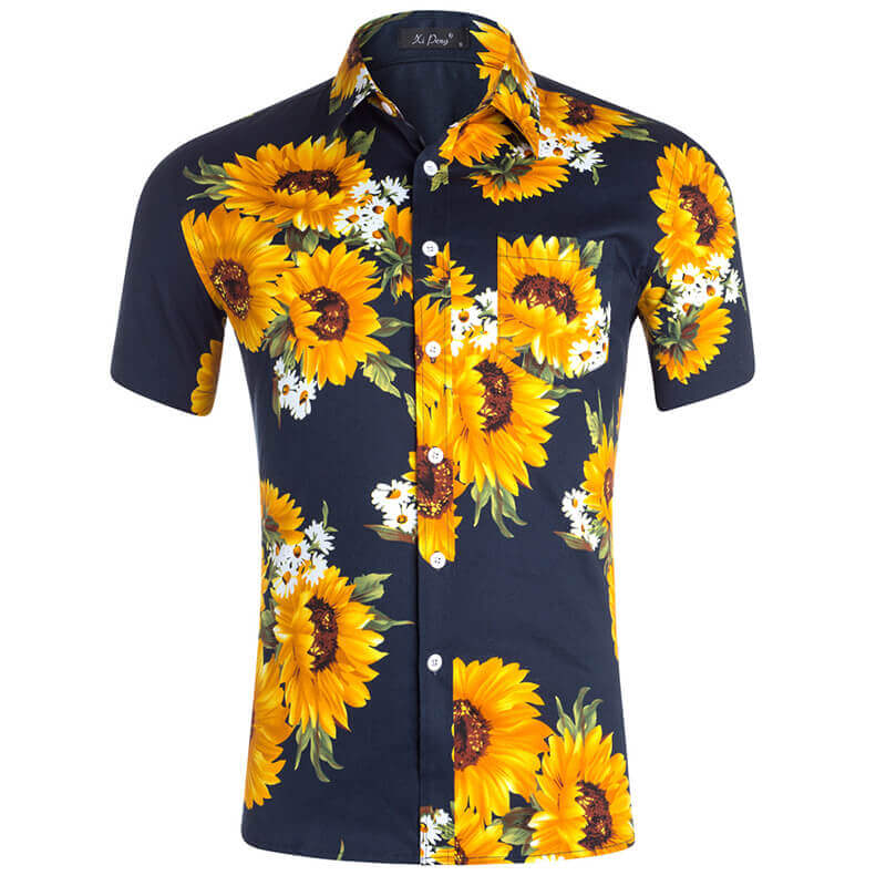 Men&#39;s Fashion Street Style Sunflower Printed Short Sleeve Cotton Shirts