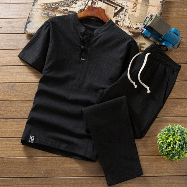 Einfarbiger Kurzarmhosenanzug aus Retro-Baumwolle und Leinen für Herren