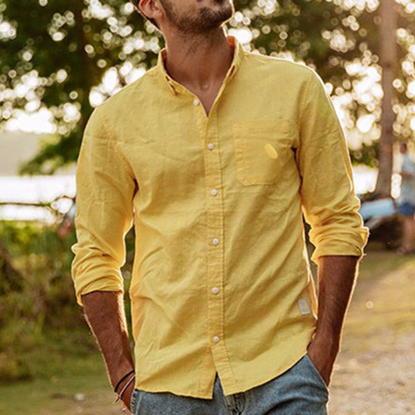 Herren Casual Cotton Leinen Revers Langarmhemd