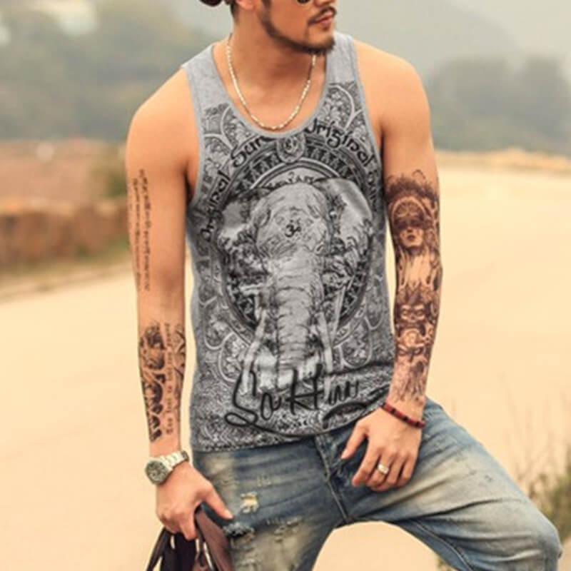 Chaleco de algodón estampado de elefante delgado sin mangas casual hippie de verano para hombres
