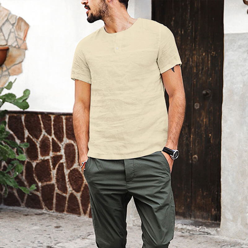 Camisa casual de lino y algodón de manga corta con cuello redondo para hombres