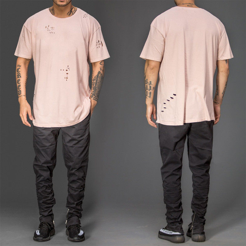 Lässige Hippie-Loch-T-Shirts mit rundem Kragen und kurzen Ärmeln aus Baumwolle für Herren