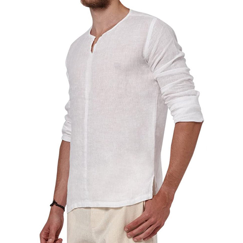 Herren Sommer Leichte, dünne, bequeme, coole, kleine, langärmlige Leinenhemden mit V-Ausschnitt