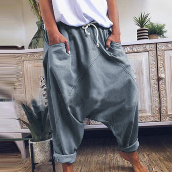 Color natural, pantalones harem de algodón lavados al azar para hombres