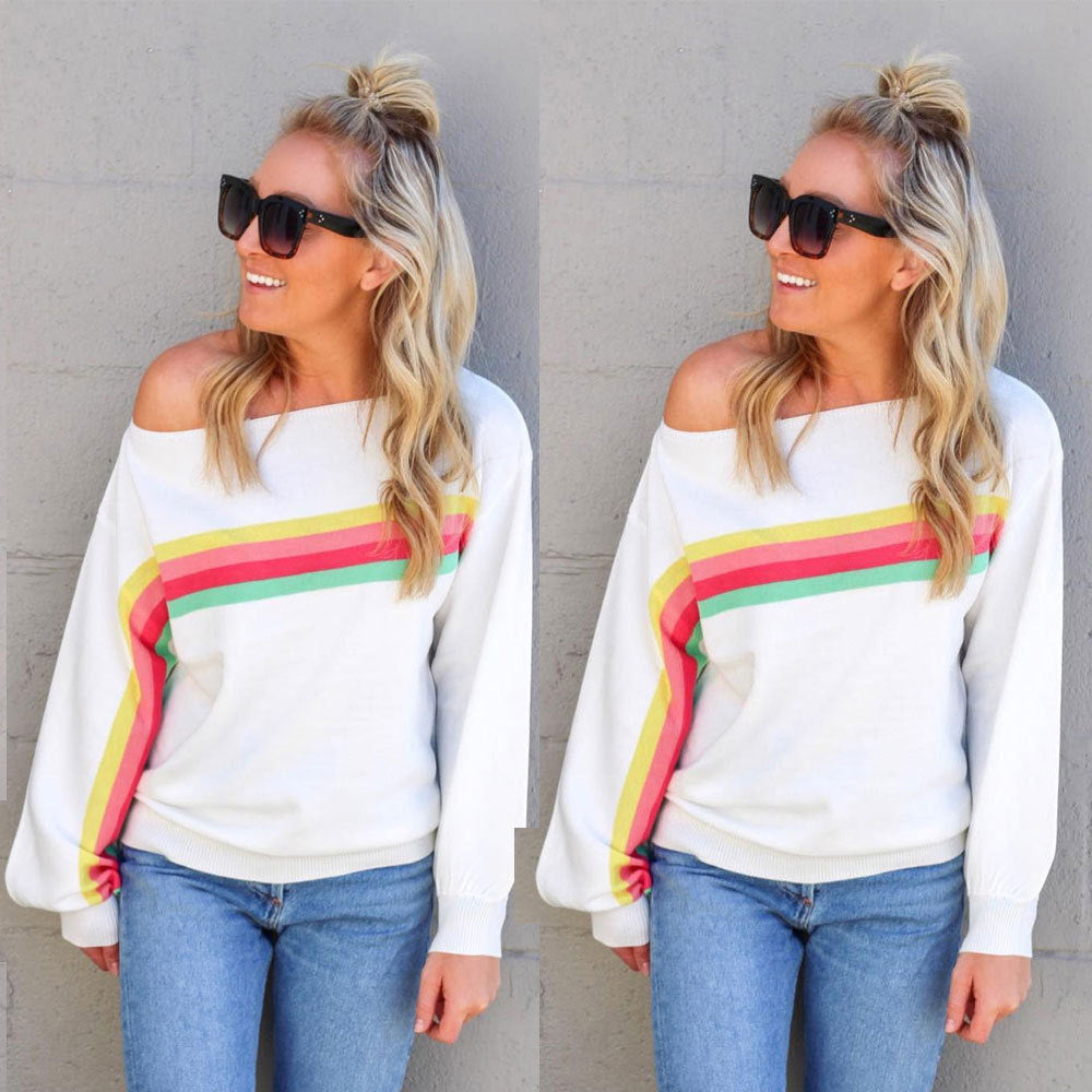 Damen Rainbow Stripe Off Schulter Sweatshirt