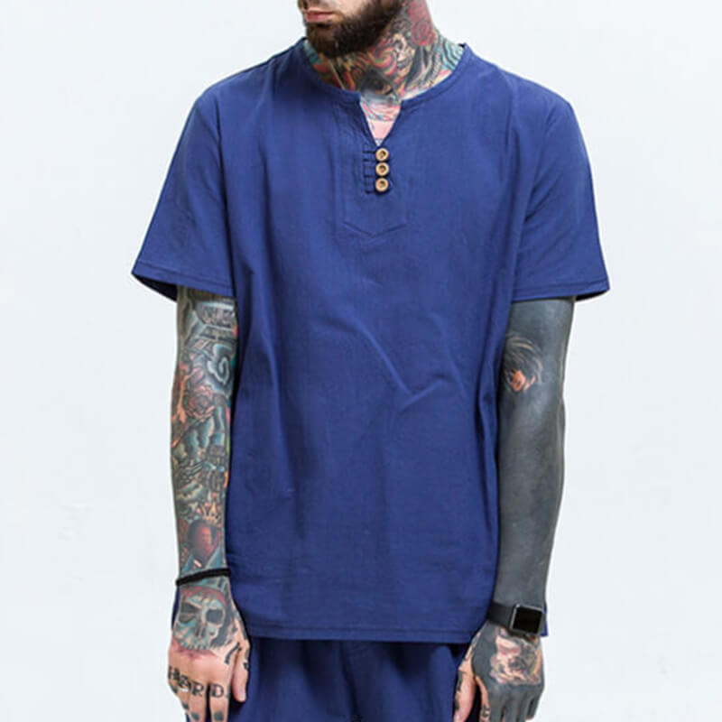 Vyriški vintažiniai patogūs trumpų rankovių medvilniniai marškiniai trumpomis rankovėmis ir V formos kakleliu