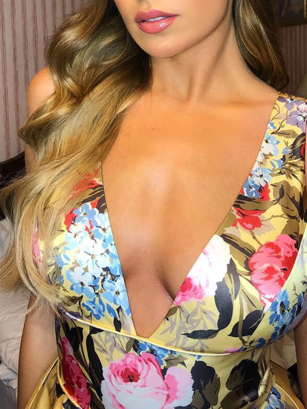 Blumendruck Stechender Hals Prom Maxi Kleid Abendparty Vestido