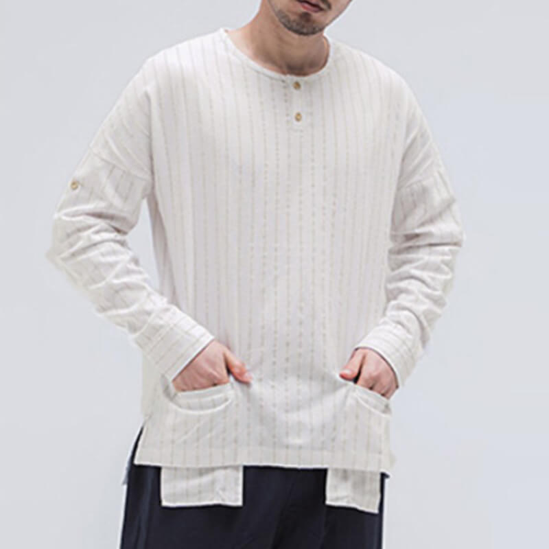 Vyriškos mados dvigubos kišenės su apvalia apykakle, dryžuotomis medvilninėmis ilgomis rankovėmis