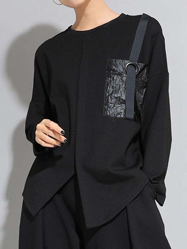 Camisa de mujer de manga larga con bolsillo de cuero.