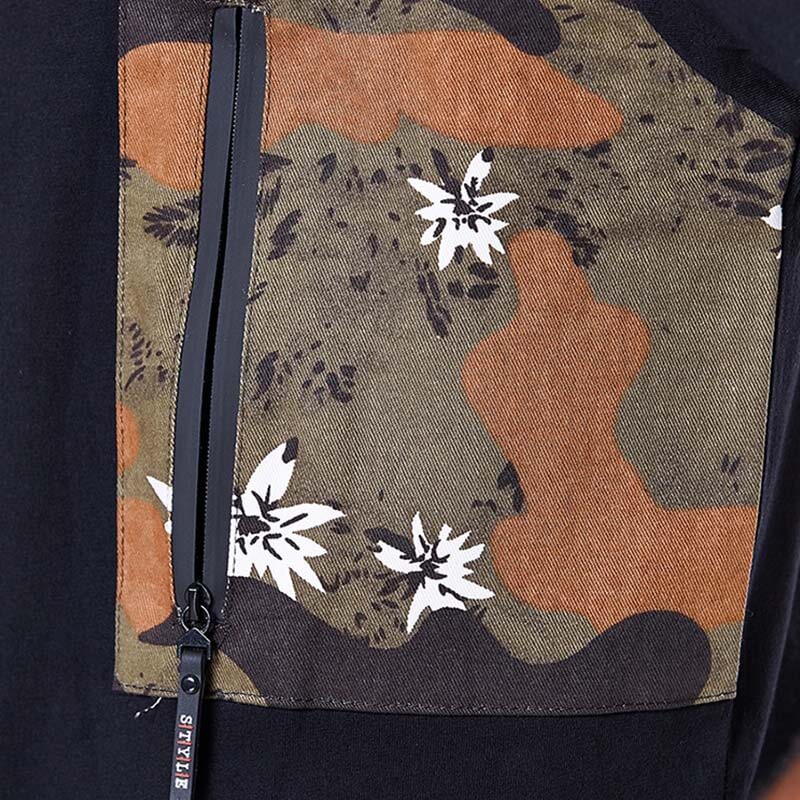 Paprastos kamufliažinės atspausdintos kišenės trumpomis rankovėmis iš medvilnės-juodų vyrams