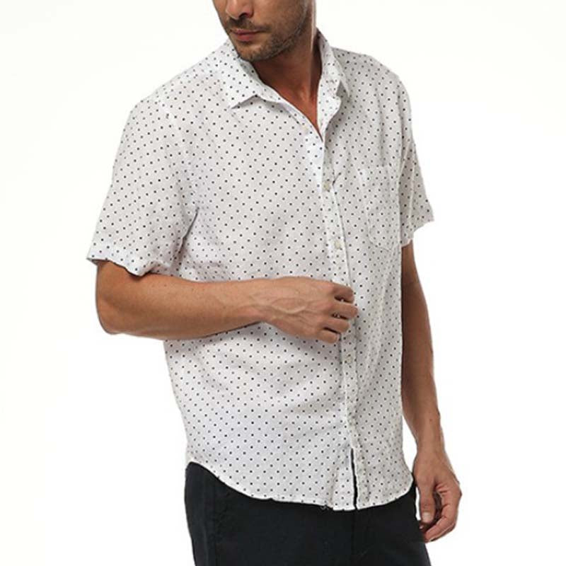 Vyriški madingi kvėpuojantys, patogūs polka dot marškiniai, pagaminti iš lino, trumpomis rankovėmis