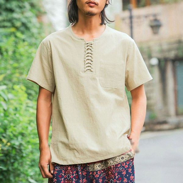 Camisa de hombre de manga corta de algodón y lino.