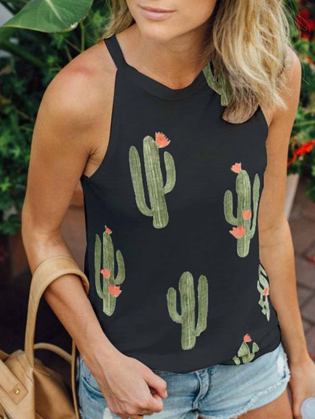 Chaleco casual con estampado de cactus sin mangas para mujer.