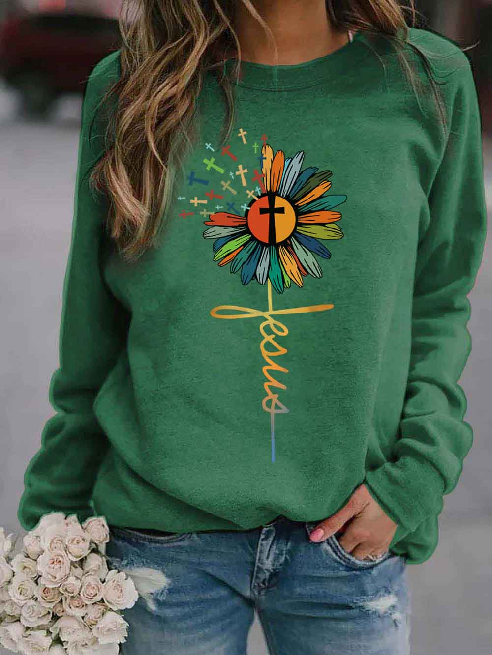 Damen Jesus Sunflower Cross Farbdruck Sweatshirt