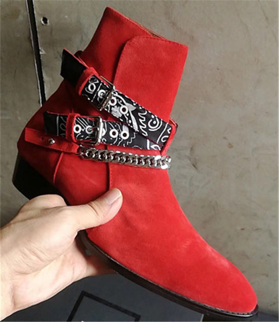 Buckle strap graffiti fabric chelsea boots suede catwalk t show men&#39;s casual boots