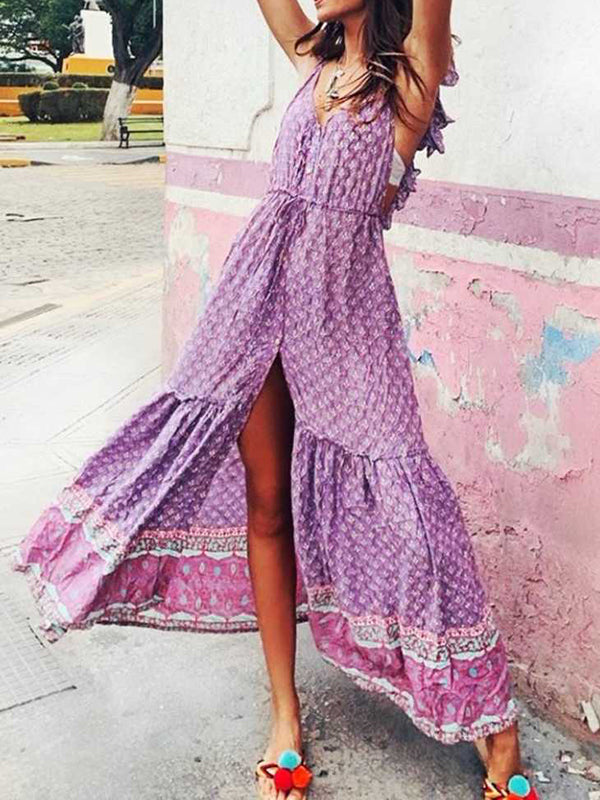 Rückenloses Boho-Maxikleid mit Rüschenärmeln
