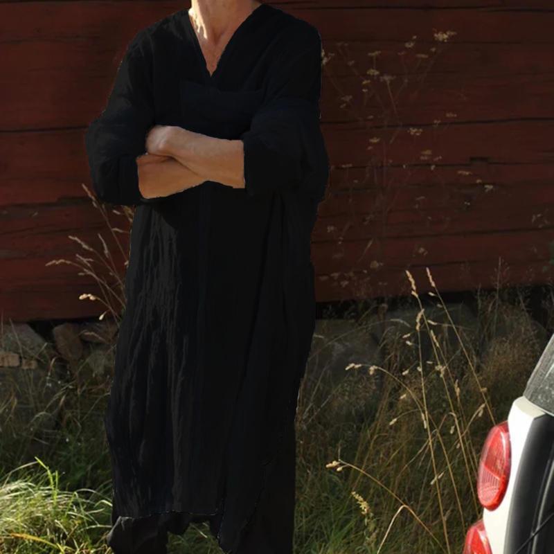 Camisa de lino liviana urbana con cuello en V y manga larga suelta urbana para hombre