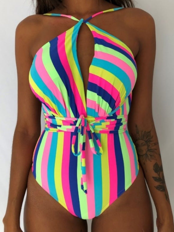 One-piece swimsuit with rainbow pattern and hanging neck