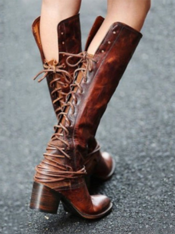 Damen Retro Rücken Schnürstiefel mit mittlerem Absatz über dem Knie