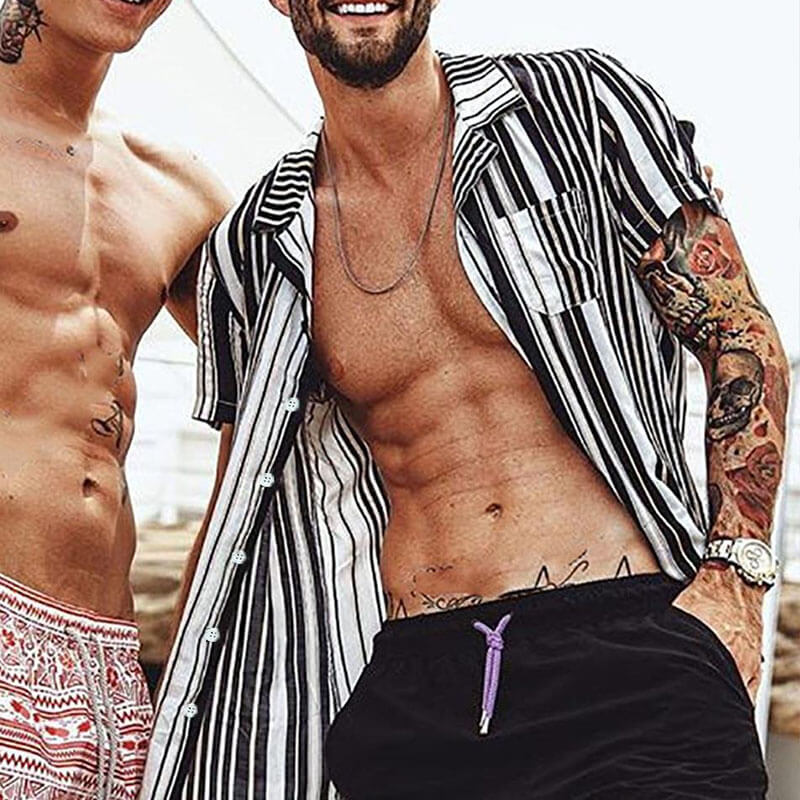 Vyriški vasariniai Havajų dryžuoti spausdinti trumpų rankovių medvilniniai marškiniai