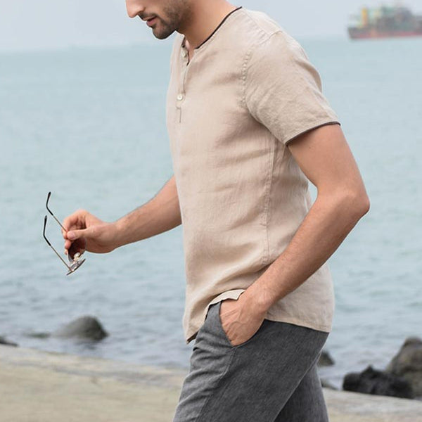 Leichtes Kurzarmhemd aus Leinen in Kontrastfarbe für Herren