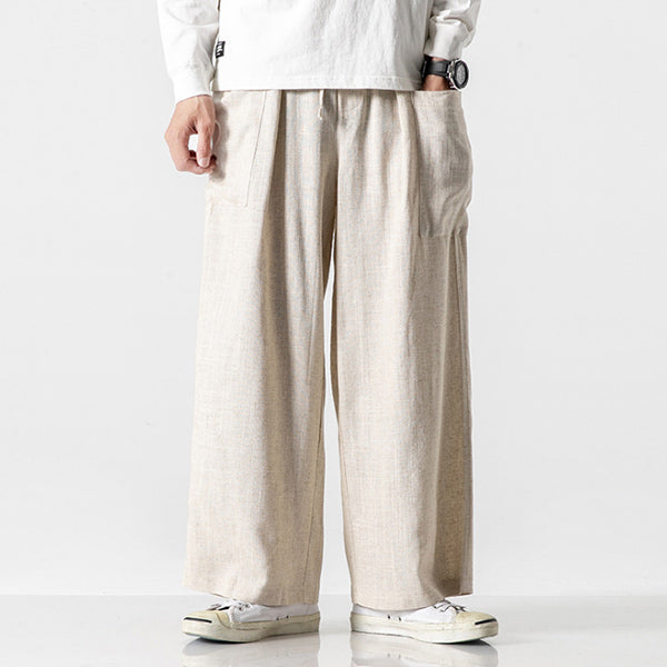 Bolsillos de lino de algodón retro para hombres con bragas sueltas y anchas