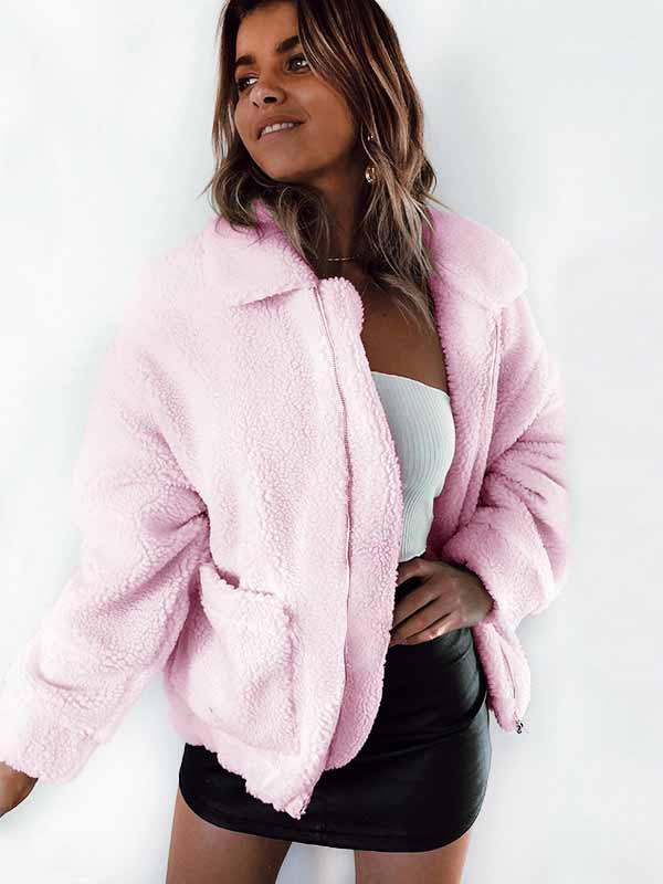 Bolsillo de otoño invierno con cremallera de manga larga chaqueta de felpa