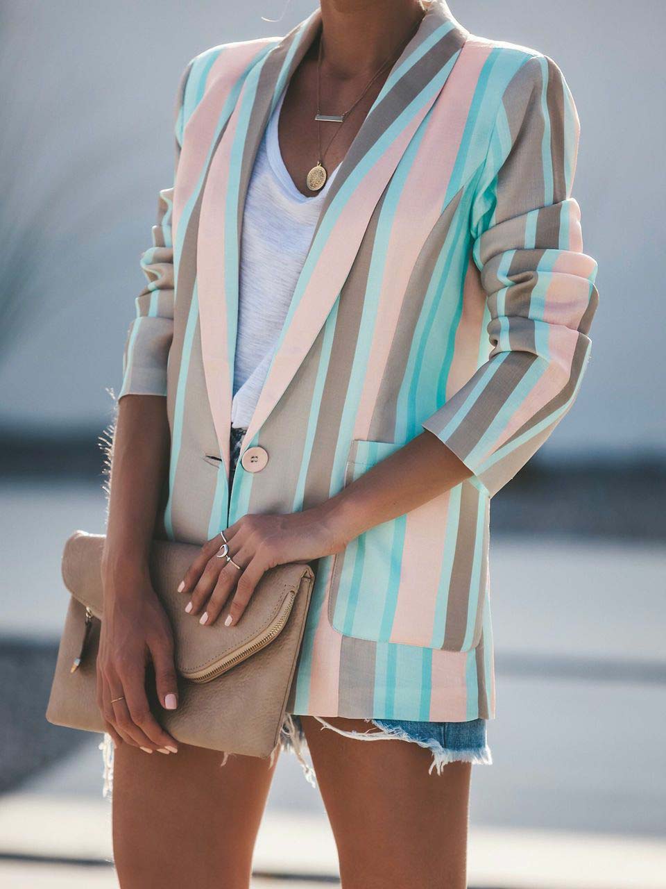 Chaqueta casual a rayas azules y rosas para mujer