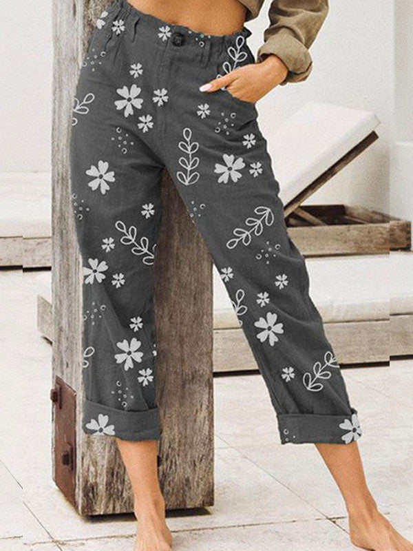 Pantalones estampados de lino y algodón de moda para mujer