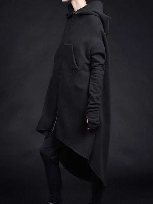 Abrigo suelto irregular negro para mujer con cremallera y capucha