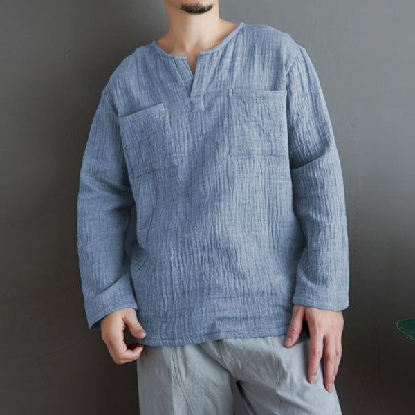 Herren Leinen V-Ausschnitt Tasche Langarmhemd T-Shirt