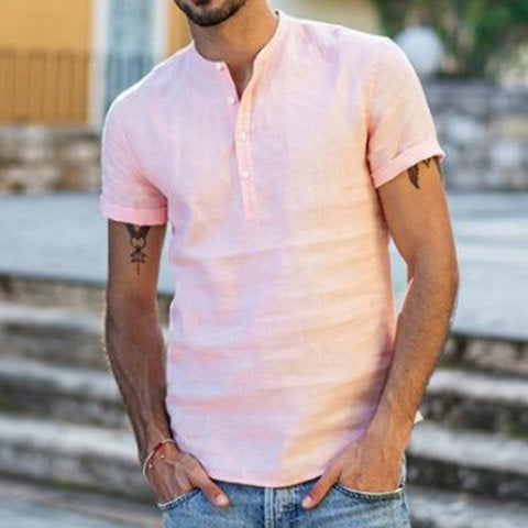 Herren-Kragen Baumwoll Leinen Kurzarm Shirt