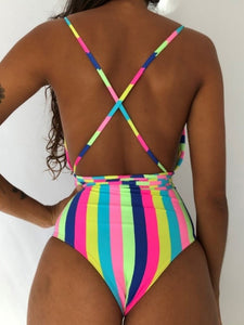 One-piece swimsuit with rainbow pattern and hanging neck