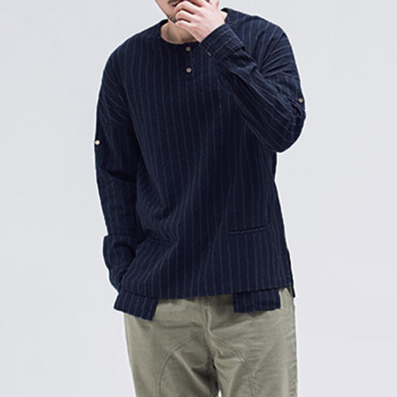 Vyriškos mados dvigubos kišenės su apvalia apykakle, dryžuotomis medvilninėmis ilgomis rankovėmis