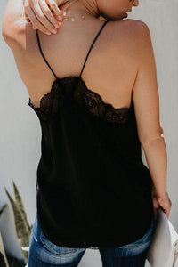 Top de cuello chaleco de punto sólido de encaje