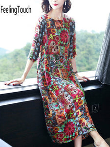 Spring new women middle arm temperament color silk dress loose waist was thin mulberry silk dress