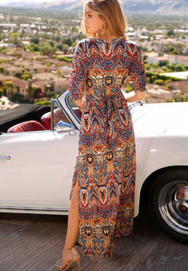 Langarm-Swing-Kleid mit V-Ausschnitt und Boho-Print