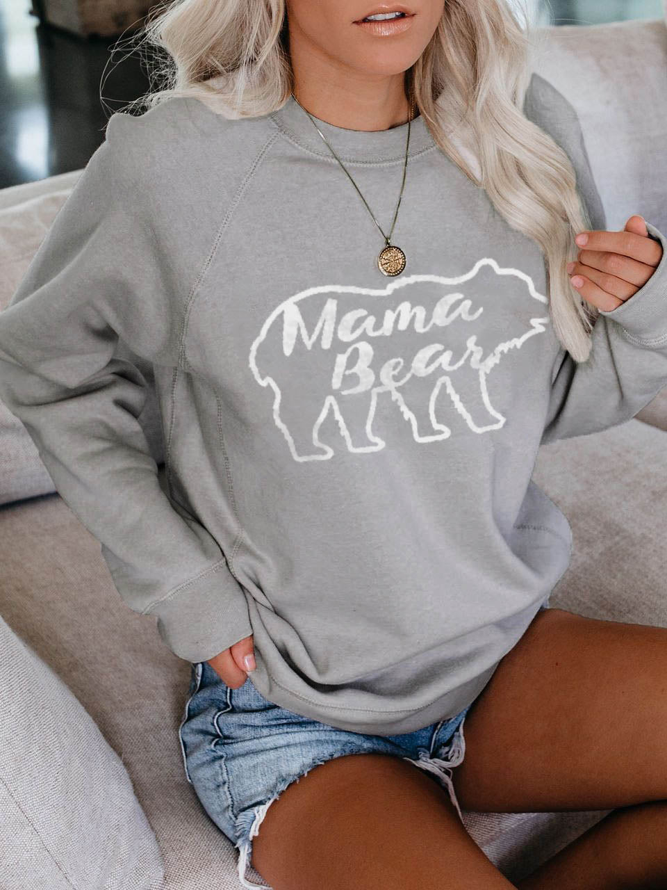 Mama Bär bedrucktes Langarm-Sweatshirt